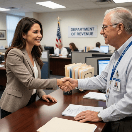 Woman shaking hands with a tax collector at the Department of Revenue office.