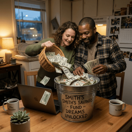 Couple sitting at kitchen table reviewing financial documents with laptop and calculator