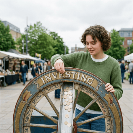 Person placing coins on a decorative investing wheel labeled with savings, stocks, retirement, growth, and future