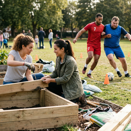 Two women assembling a wooden garden bed in a park with two men playing soccer behind them