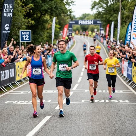 Two runners holding hands crossing finish line in city run race