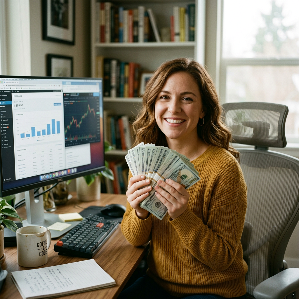 Smiling woman holding fanned hundred-dollar bills at desk with financial charts on computer screens