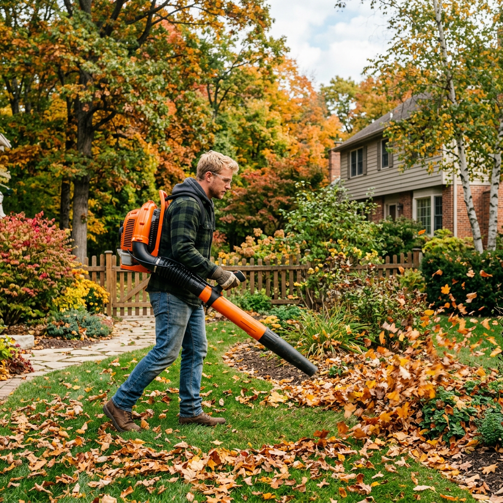 Person using a backpack leaf blower to clear autumn leaves
