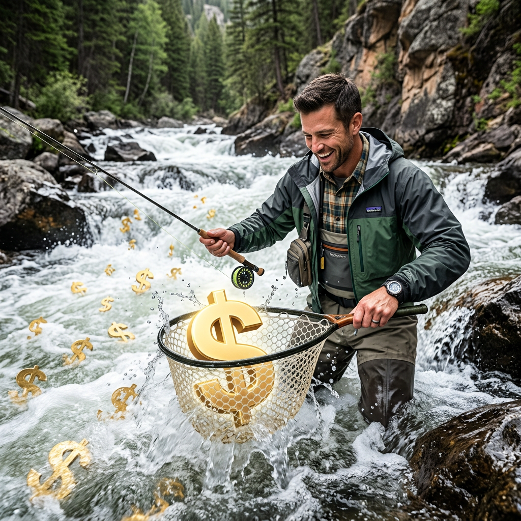 Smiling angler holding a net with a giant golden dollar sign