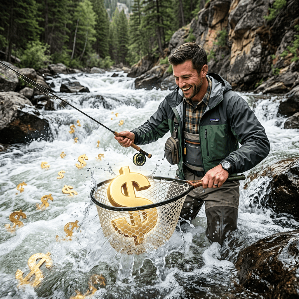 Smiling angler holding a net with a giant golden dollar sign